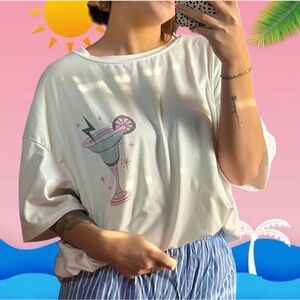 SHEIN White Graphic Tee with Cocktail Design